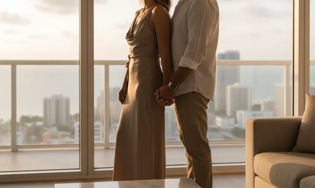 Couple enjoying the view from their luxury condo.