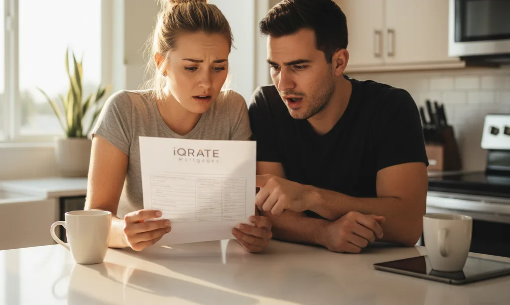 Couple looking concerned at iQRATE Mortgages document.