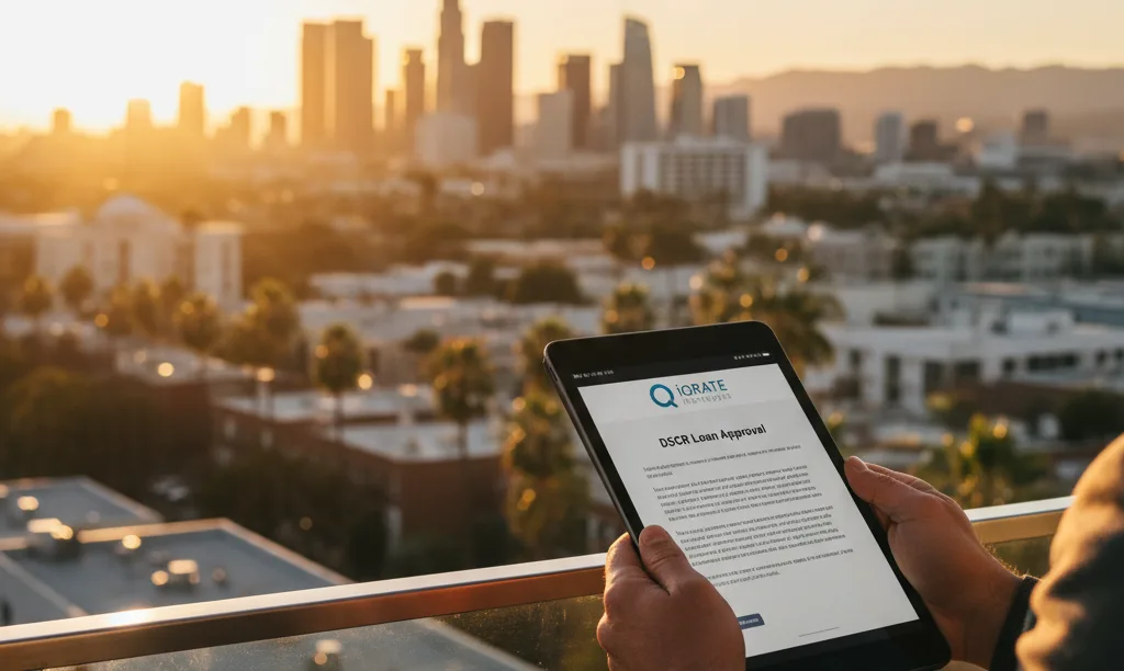 Investor views Los Angeles skyline with loan approval.