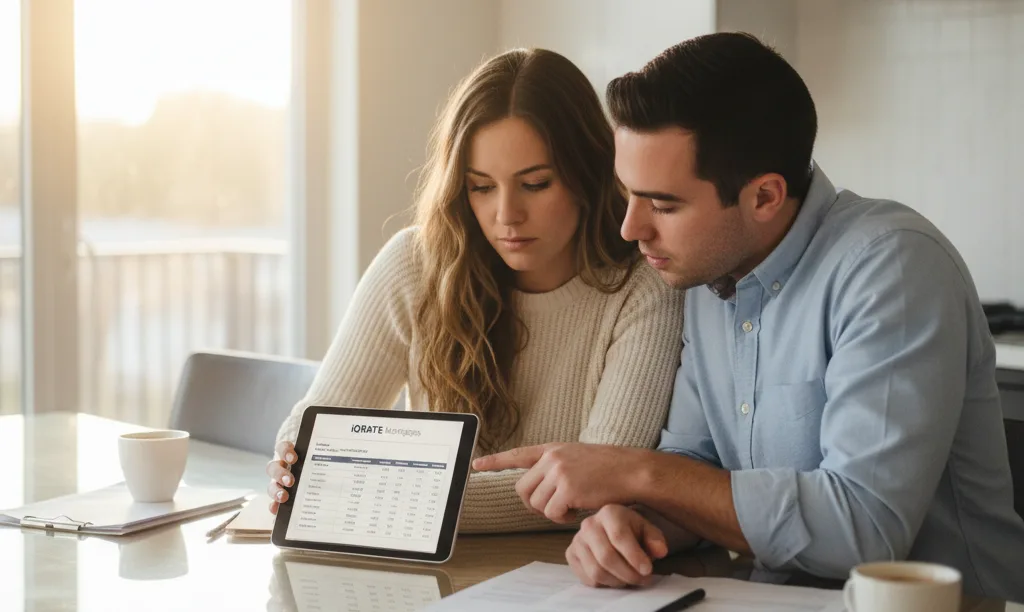 Couple in Dallas thoughtfully reviewing iQRATE Mortgages options.