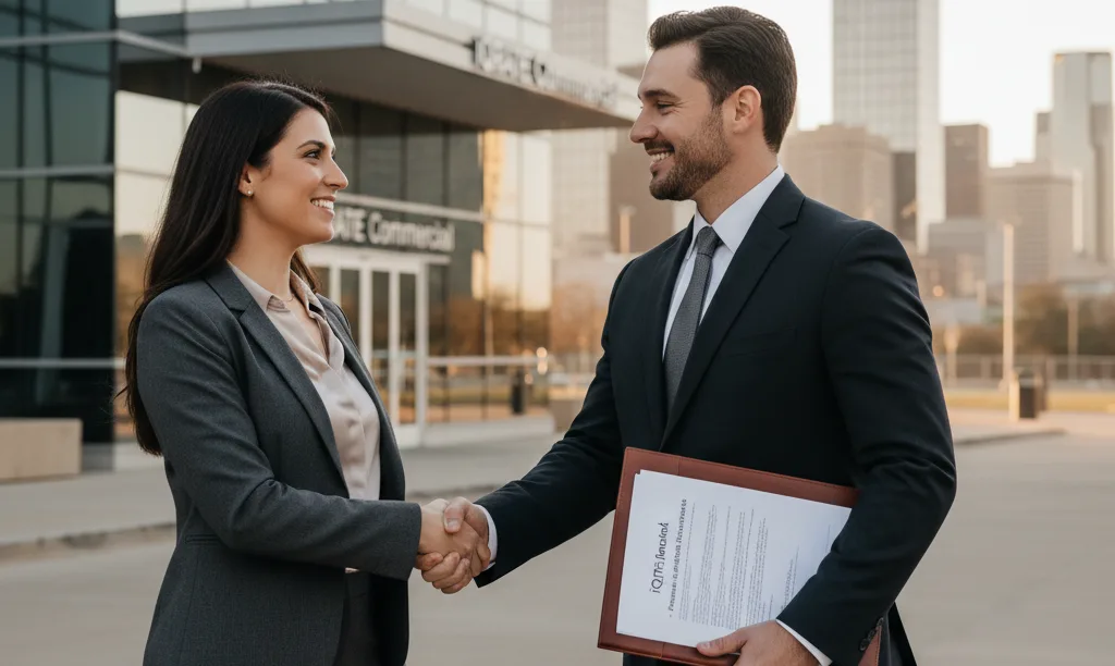 Two partners shake hands finalizing a buyout.
