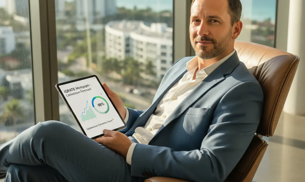 Agent confidently reviews iQRATE Mortgages commission forecast.