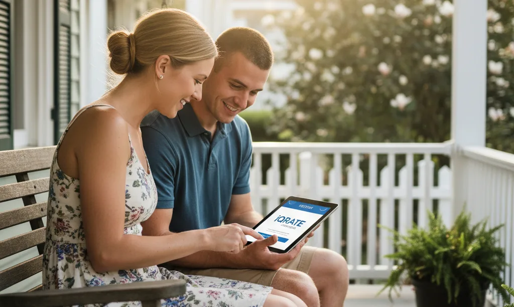Young military couple happily reviews VA IRRRL options.