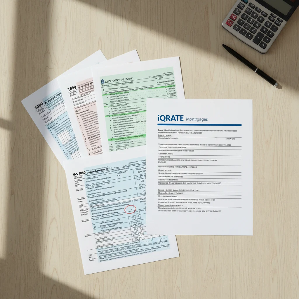 A person organizing financial statements and documents on a desk