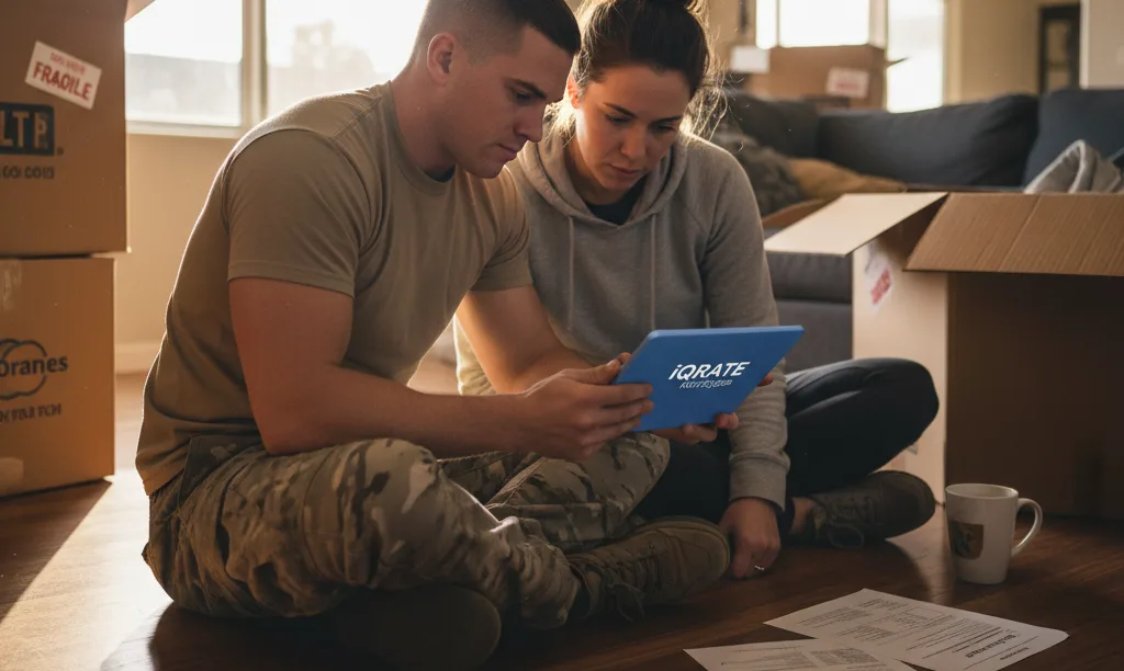 Military couple reviewing iQRATE Mortgages loan documents.