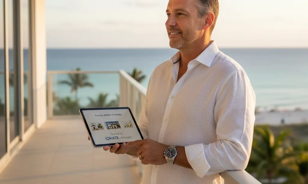 Investor on Florida balcony viewing iQRATE Mortgages portfolio.