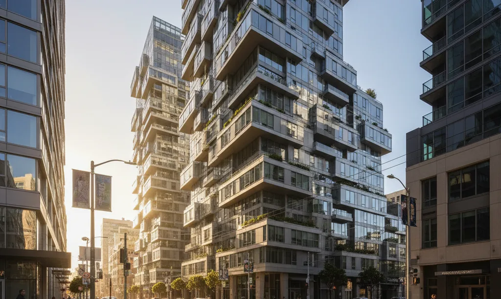 Modern San Francisco condo building in sunlight.