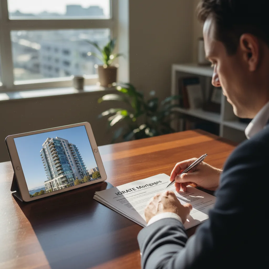 A person reviewing HOA documents and financial paperwork for a condo purchase.