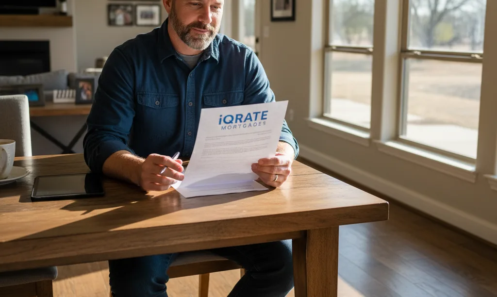 Texas veteran confidently reviews iQRATE Mortgages refinance options.