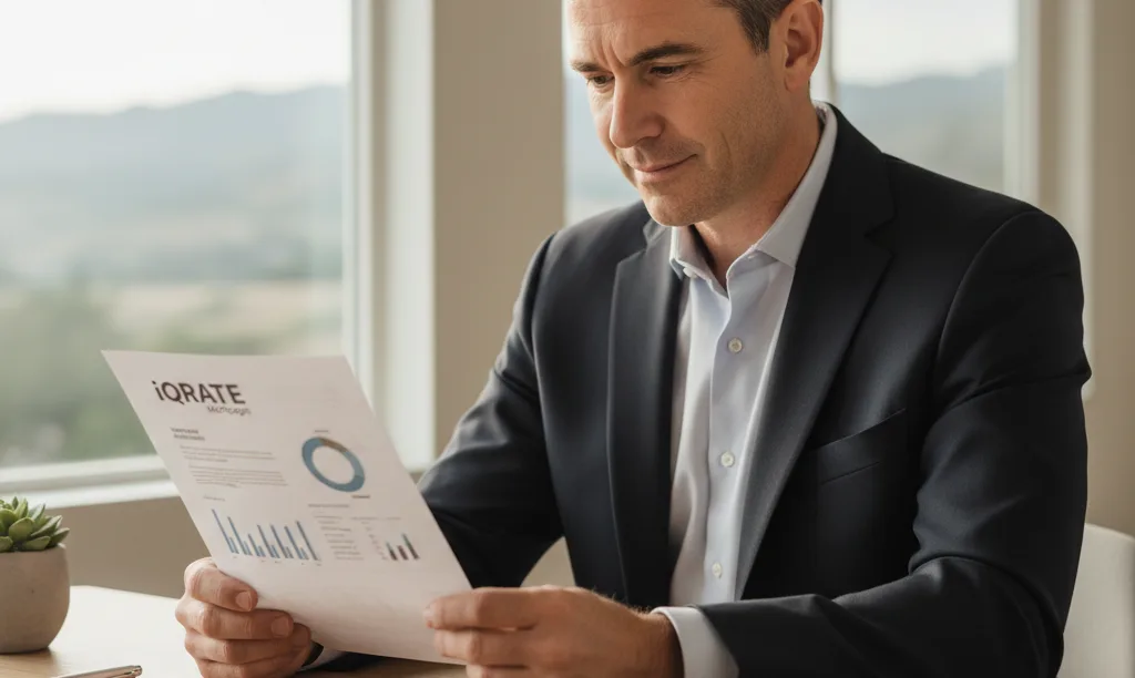 Business owner reviewing iQRATE Mortgages jumbo loan document.
