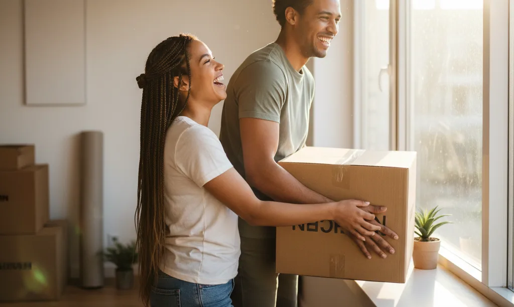A happy young couple moving into their new sunlit home.