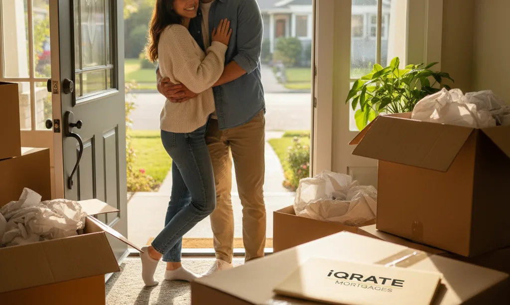 Couple joyfully entering new California home with iQRATE Mortgages folder.