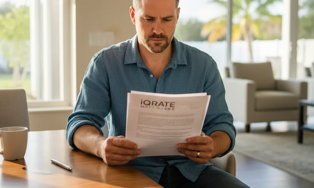 Veteran carefully reviewing iQRATE Mortgages loan documents.