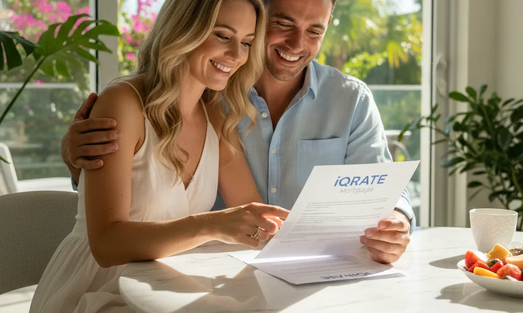 Couple happily reviewing iQRATE Mortgages closing documents.
