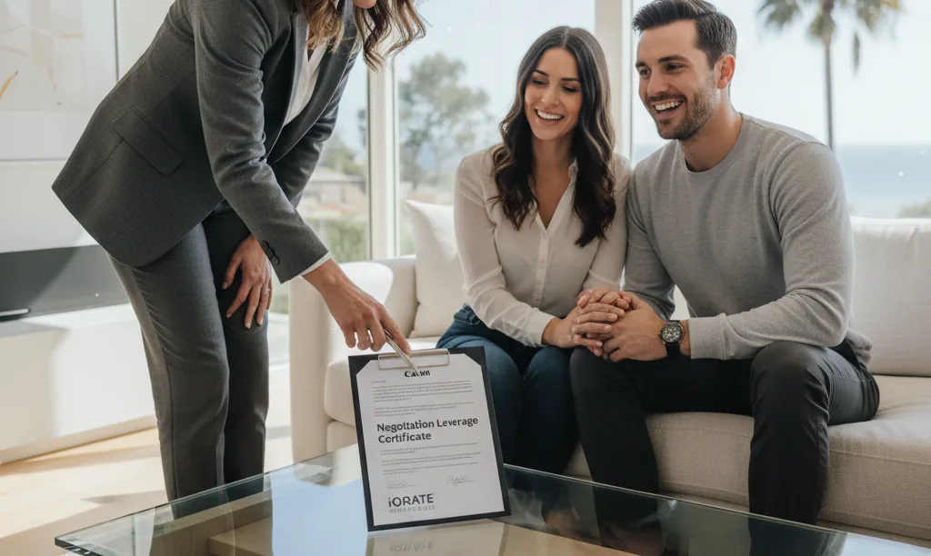 Realtor showing clients an iQRATE Mortgages certificate.