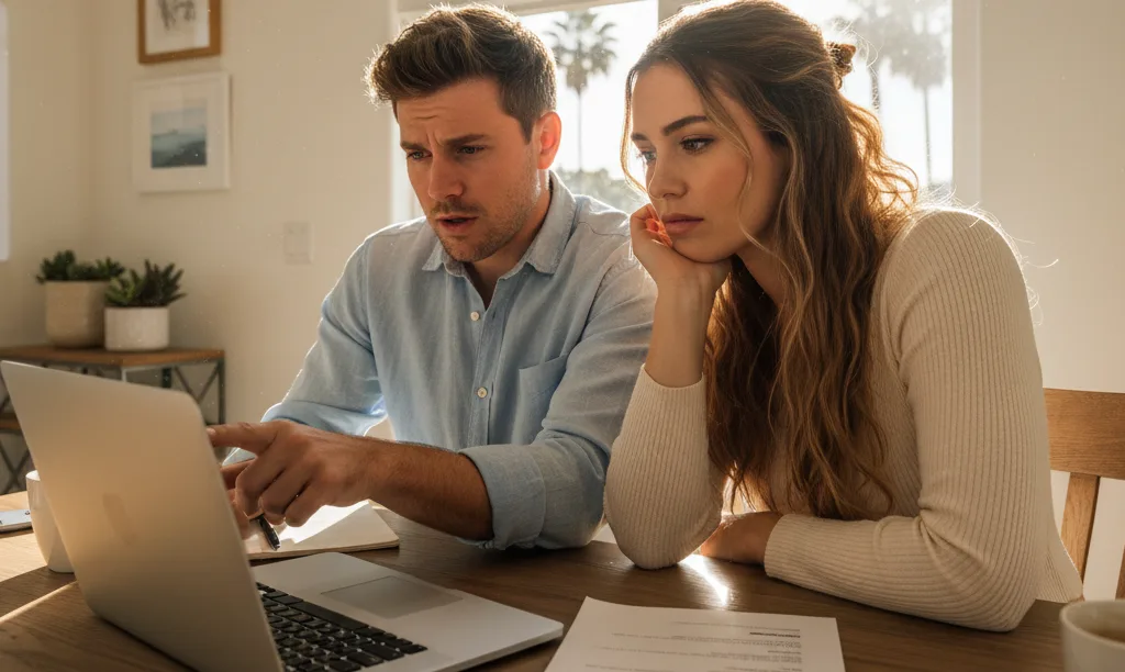 Couple strategizing over a home offer rejection.