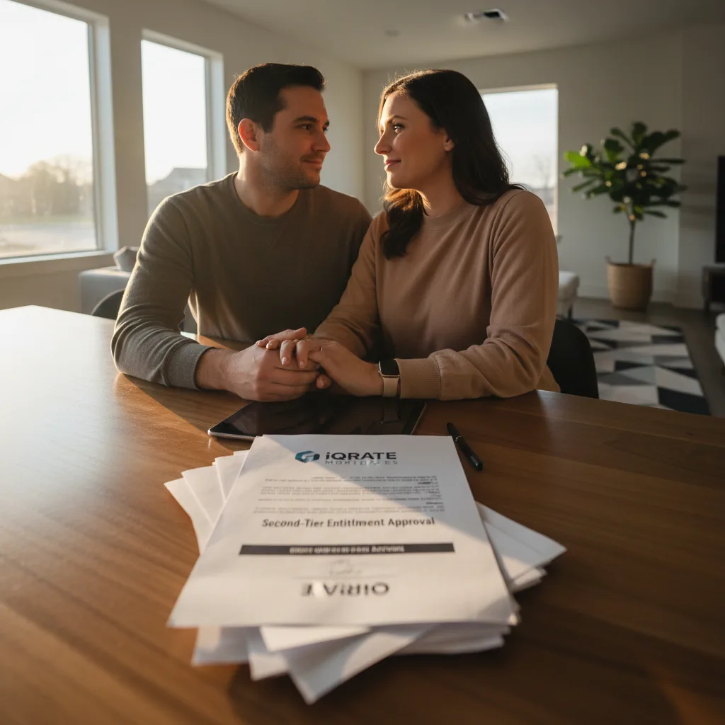 A military veteran reviewing VA loan entitlement documents for a home purchase.