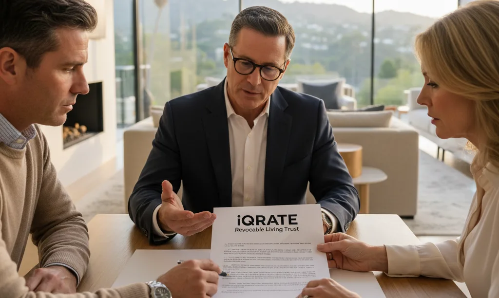 Couple reviewing iQRATE Mortgages trust documents at home.