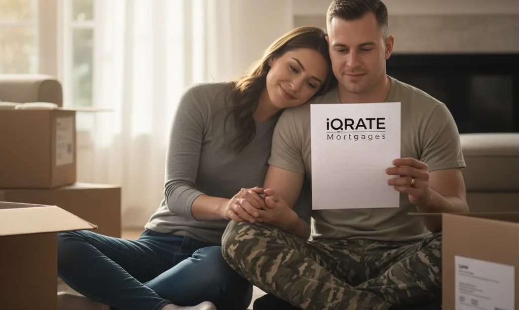 Military couple reviewing iQRATE Mortgages documents during move.