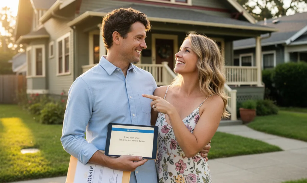 Couple proudly standing before Sacramento rental property.