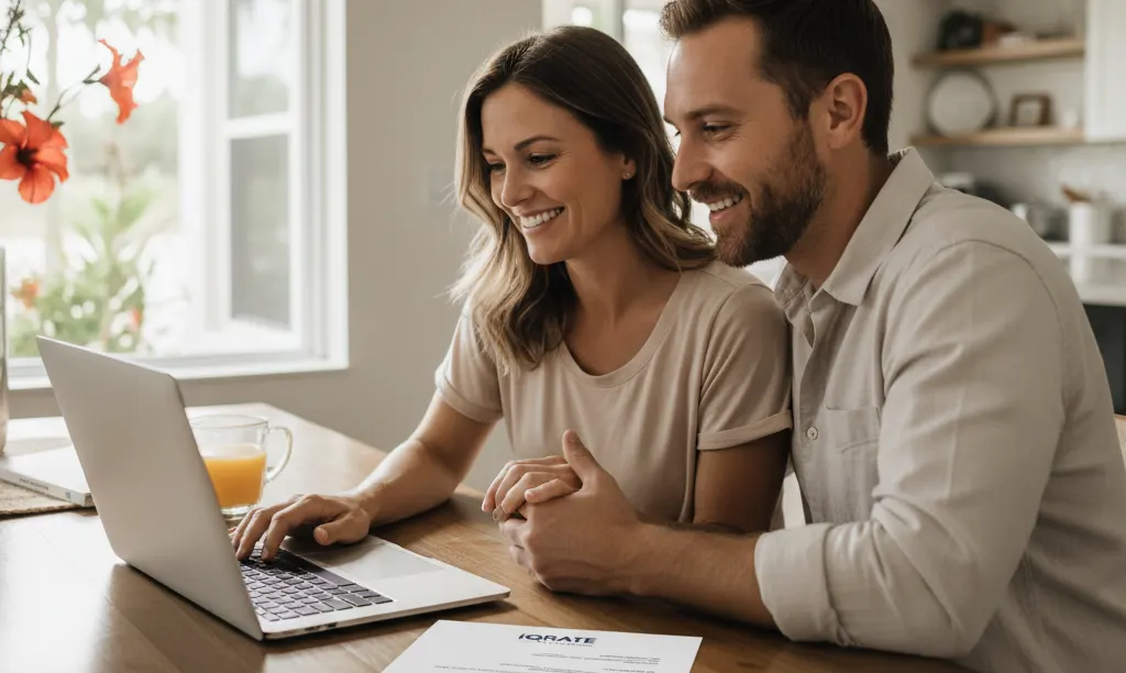 Happy couple reviews iQRATE Mortgages document in Florida.