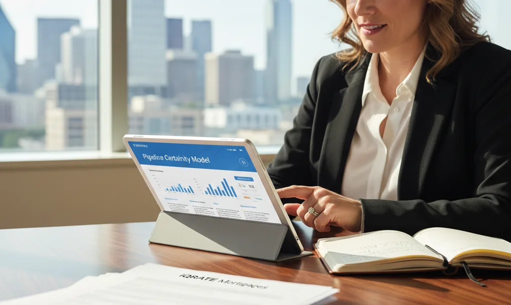 Dallas team lead confidently reviews accurate commission forecasts.
