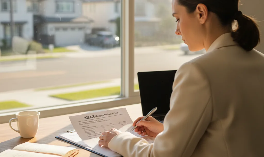A professional diligently reviewing an iQRATE Mortgages document.