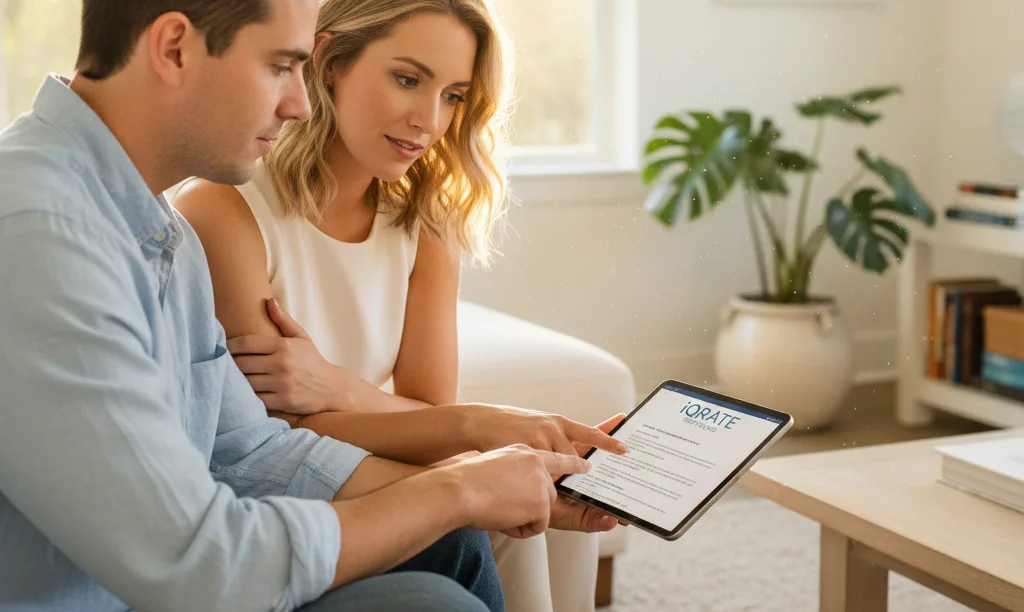 Couple thoughtfully comparing iQRATE Mortgages loan options