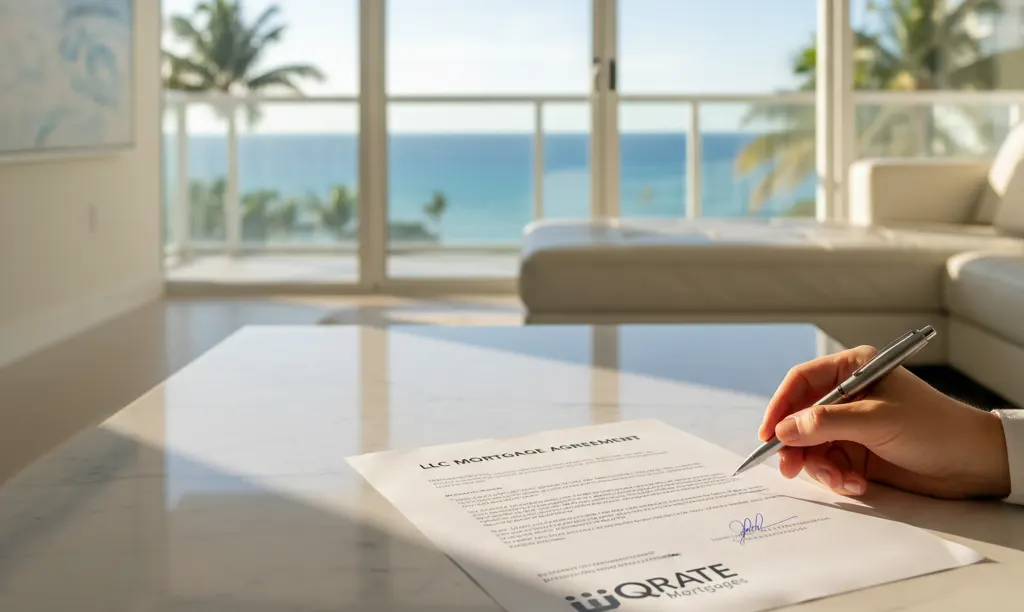 Miami penthouse view with iQRATE Mortgages document.