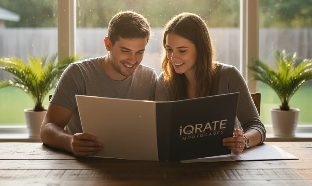 Couple reviewing iQRATE Mortgages paperwork in sunny home.