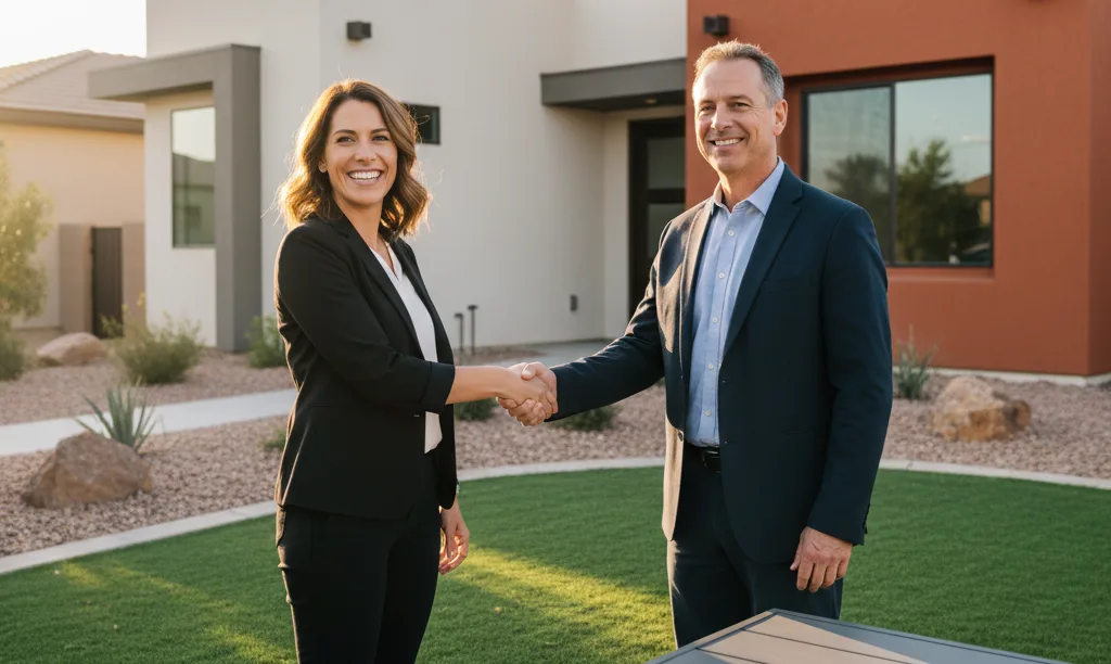 Couple shaking hands with seller outside home.