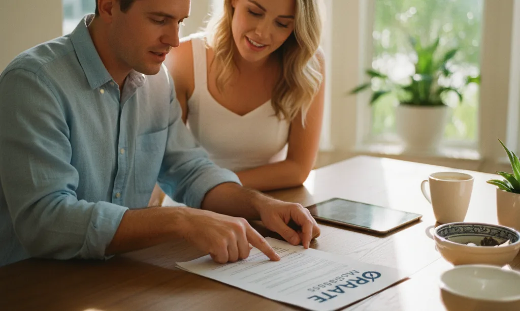 Couple reviewing iQRATE Mortgages loan estimate together at home.