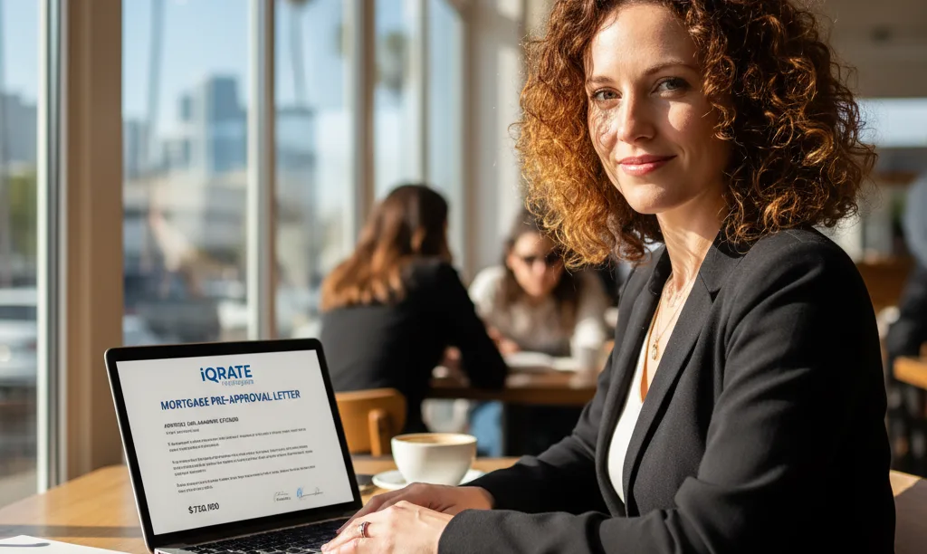 Confident gig worker in LA coffee shop with iQRATE Mortgages approval.