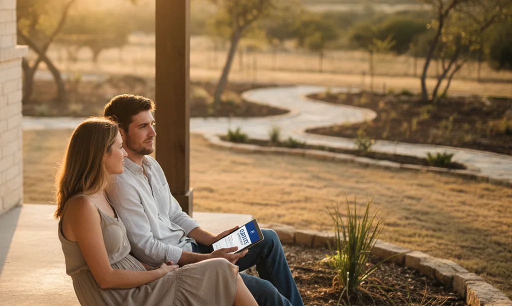 Couple on new Texas home porch reviewing mortgage.