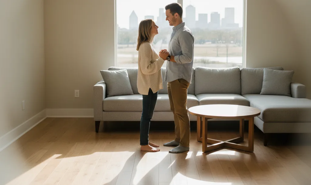 Hopeful couple smiling in their new Dallas home.