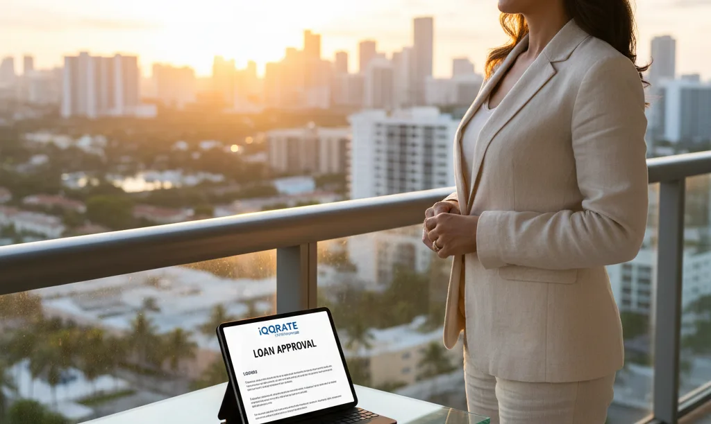 Investor on Miami balcony with iQRATE Mortgages document.