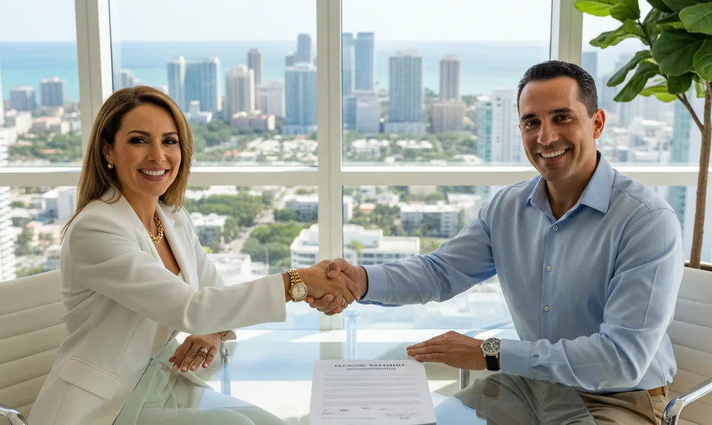 Agent and client shake hands after closing.