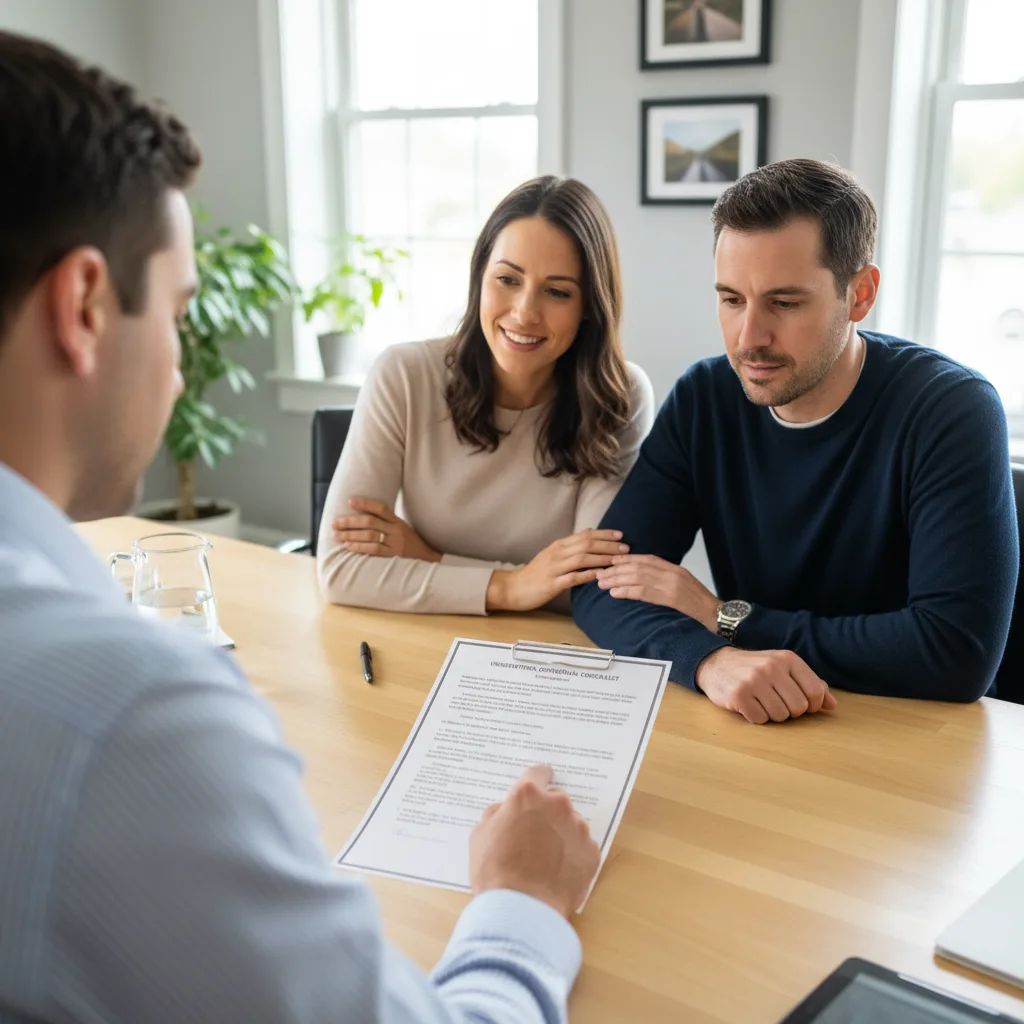 Stressed real estate agent reviewing mortgage paperwork.