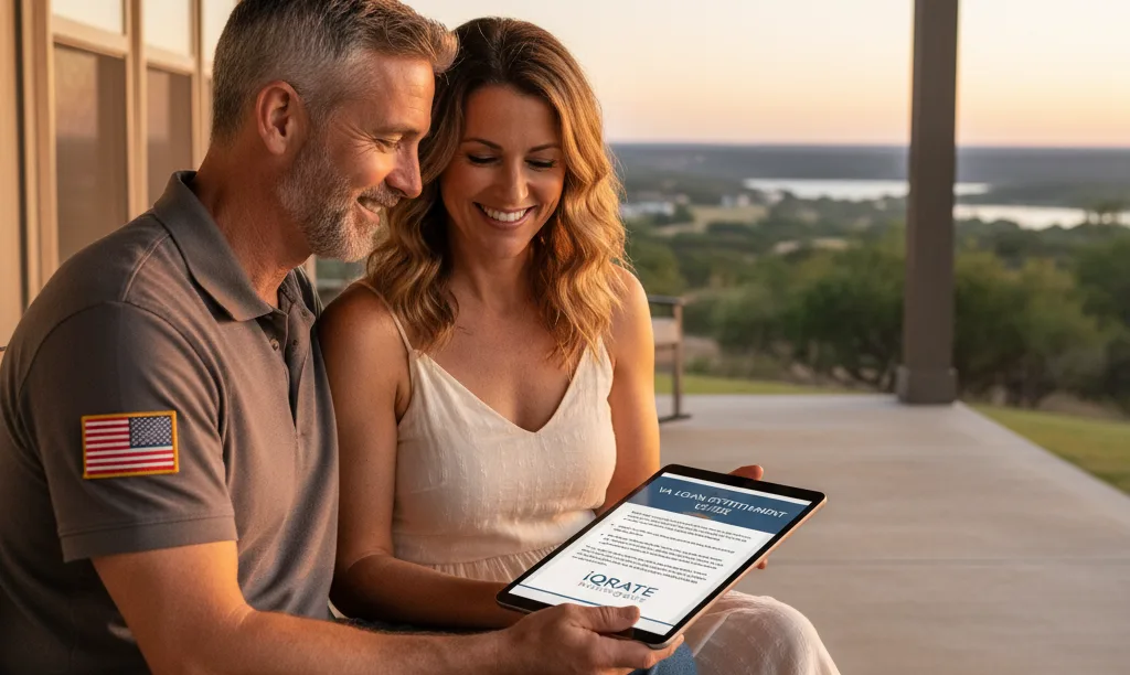 Veteran couple on Texas porch with tablet.