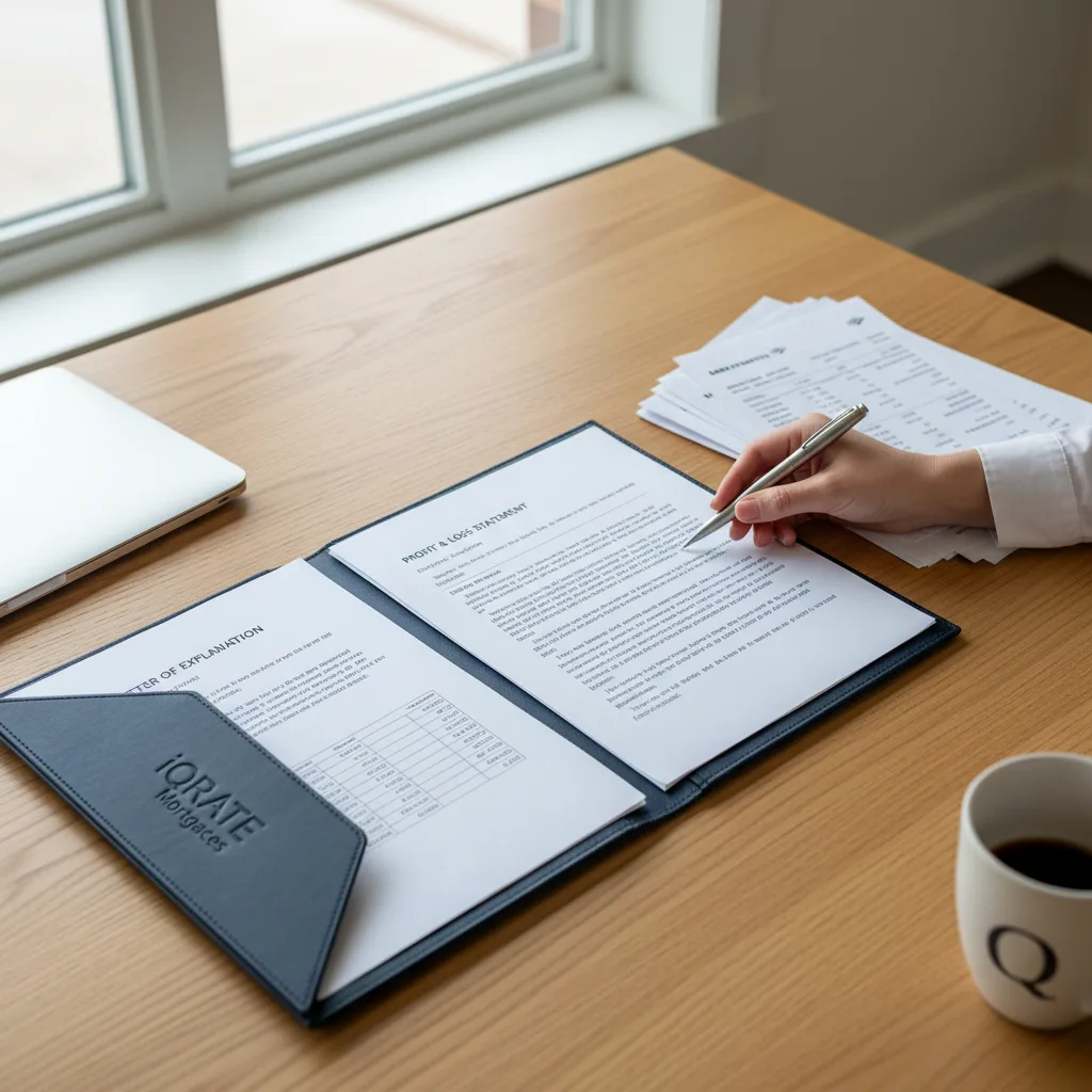 Business owner organizing documents like bank statements for a loan application.