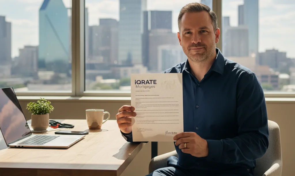 Businessman reviews iQRATE Mortgages document in Dallas office.