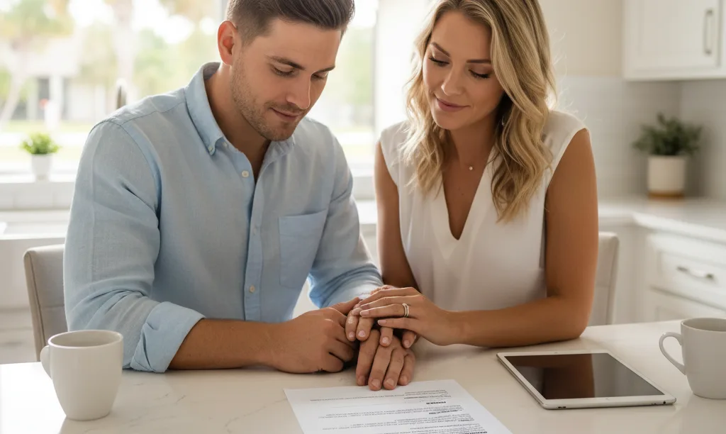 Couple reviews iQRATE Mortgages document in Florida home.