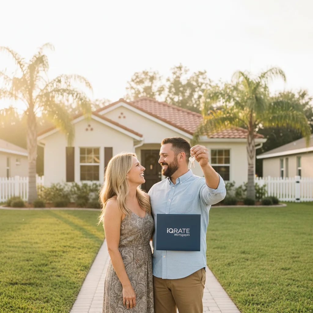 Couple happily reviewing mortgage documents for their new home.