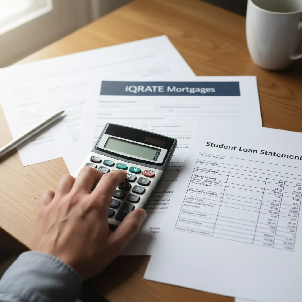 A person calculating their debt-to-income ratio with documents and a calculator.