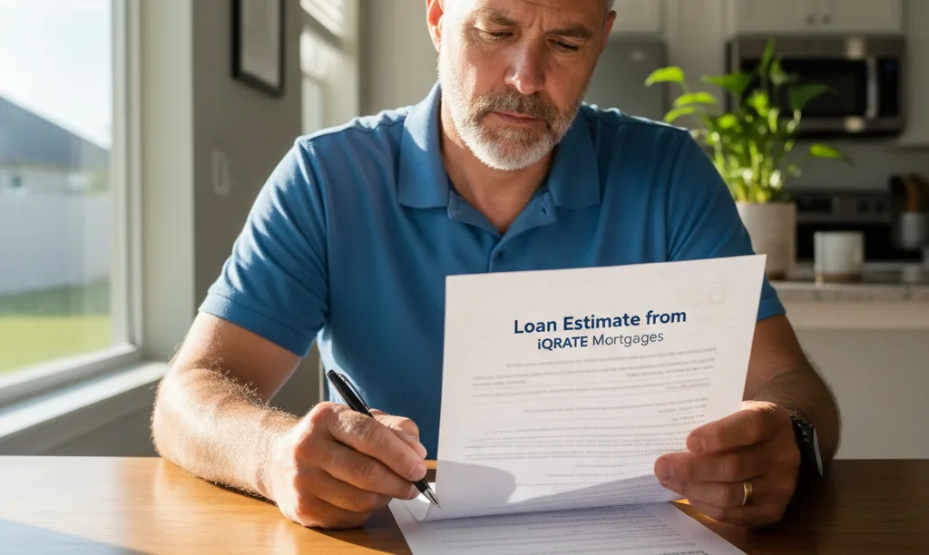 Veteran reviewing an iQRATE Mortgages Loan Estimate.