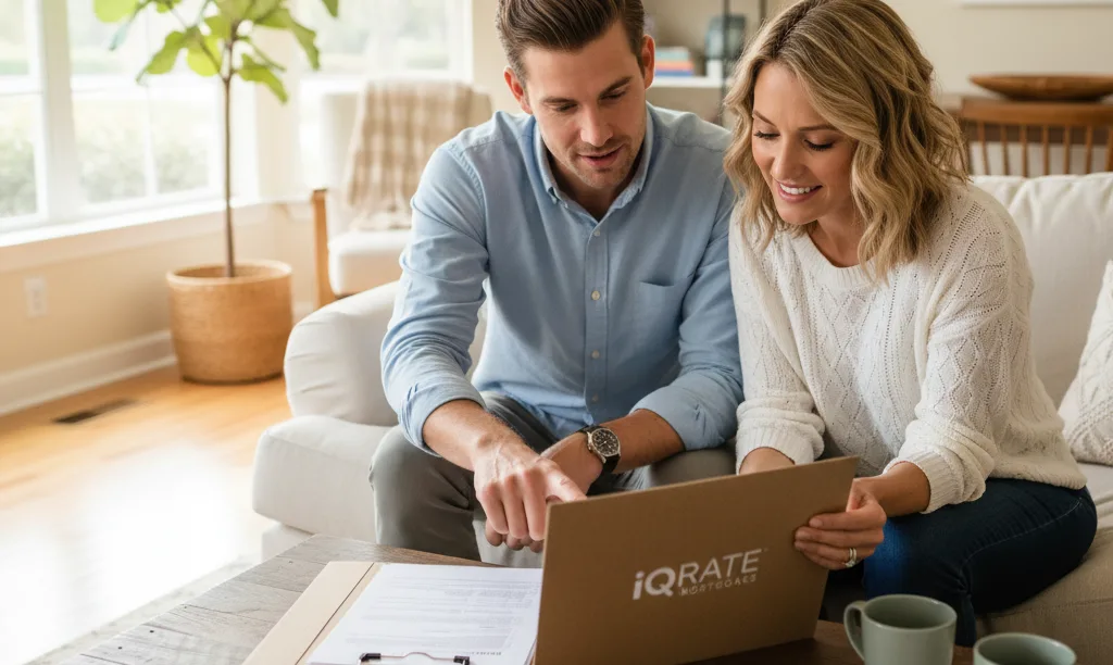 A couple reviewing iQRATE Mortgages paperwork at home.