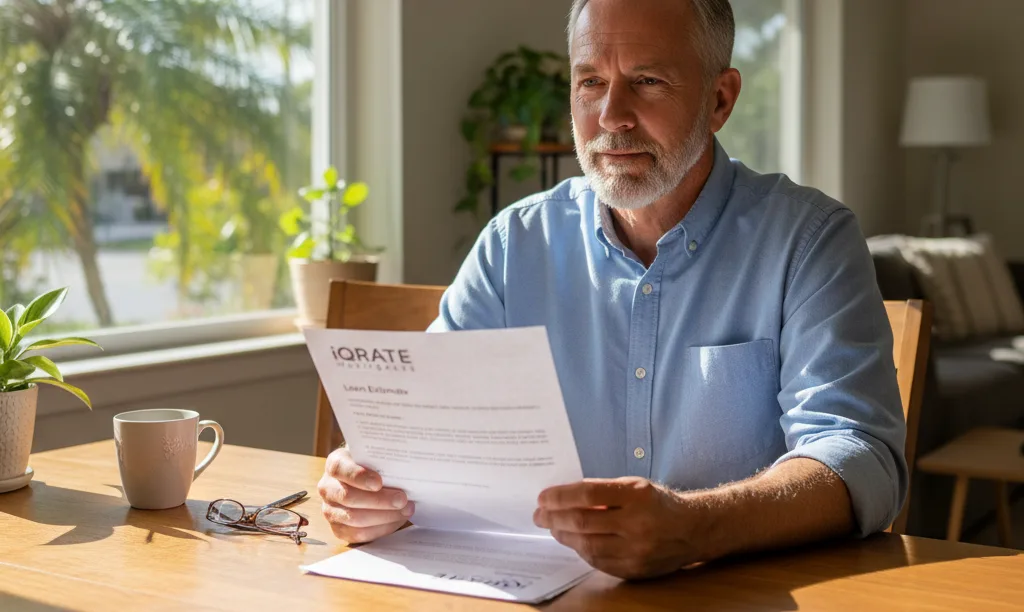 Veteran in Florida reviewing iQRATE Mortgages documents.