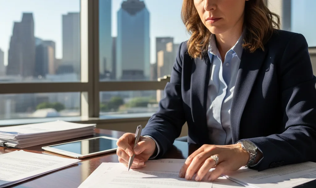 Professional reviewing iQRATE Mortgages documents in Houston.