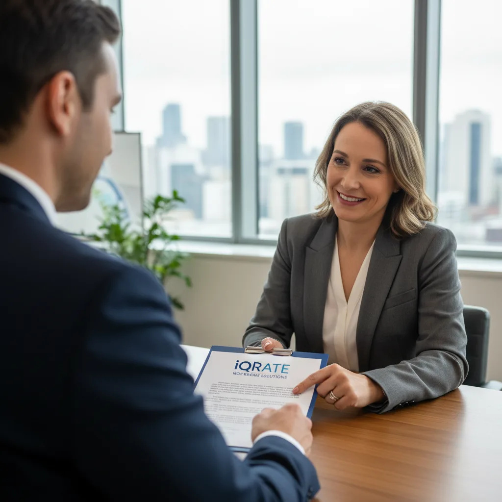 Homebuyers reviewing documents with a mortgage lender.