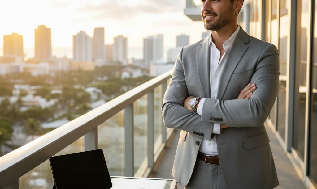 Investor on a Miami condo balcony at sunset.